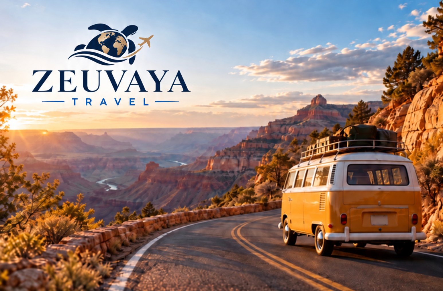 Zeuvaya Travel — estrada panorâmica no Grand Canyon com Kombi branca e amarela